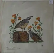 Hand-Painted QUAIL BIRDS IN FLOWERS Needlepoint Canvas 12" x 12"