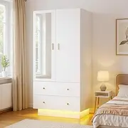 [Ufurniture] 2 Doors Armoire Wardrobe Closet with Mirror & LED Lights, Bedroom Armoire with Drawers and Hanging Rod, Wooden Storage Cabinet, White
