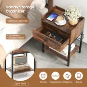 Costway Nightstand w/Charging Station Storage Drawer & Shelf Industrial Metal Frame Bedside End Table