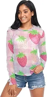[RPLIFE] Cute Strawberries Pink Mesh Top Women Long Sleeve, Sheer Tops for Women Sexy S-XXL
