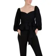 BCBGMAXAZRIA Women's Gathered Long Sleeve Tie Front Peplum Blouse