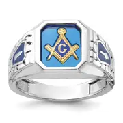 14k White Gold Men's Polished and Textured with Blue Enamel and Lab Created Sapphire Blue Lodge Master Masonic Ring