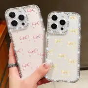 Phone Case For iPhone 16e 16 15 Pro Max 14 13 12 11 Bow Clear Diamond Slim Cover