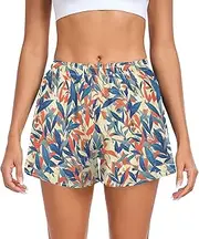 [FRODOTGV] Colorful Leafs Women's Athletic Shorts Elastic Waisted Swim Shorts for Outdoor Indoor Fitness Work Out S, Colorful Leafs, Large