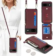 [Cavor] Leather Zipper Pocket Card Holder Case for Google Pixel 8a - Crossbody Case with Strap - Wine Red