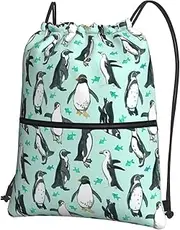 EdWal Cute Penguins Print Drawstring Backpack Gym Bags Sports Bags With Zipper Pocket For Travel Swimming Beach, Black, One Size