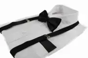 Mens 3 Piece: Black Adjustable Suspenders Braces + Bow Tie + Pocket Square Hanky
