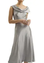 NWT TED BAKER Sirinna Draped Neck Bias Cut Silver Midi Dress Size S