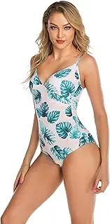 [HHZY] Women One Piece Swimsuits Sexy V Neck Padded Halter Bathing Suits Tummy Control Swimsuit Rose Leaf Printed Monokini Swimwear,Blue,S