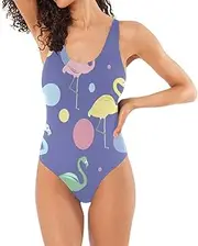 [Joitme] Cute Flamingos Blue Yellow Women One Piece Swimsuits, Small, Womens 1 Piece Swimsuits