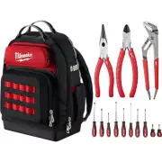 Milwaukee Jobsite Backpack 15" Tool Storage w/ 10-Pc Plier Set + Screwdriver Set