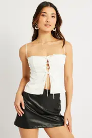 White Cami Top Satin Lace Up Front - Size 12, Women's Cami