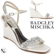 Badgley Mischka Jenna Crystal Embellished Evening Wedge Sandals White Satin 10