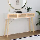Console Table White 105x30x75 cm Solid Wood Pine and Natural Rattan