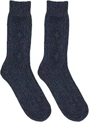 [Hann Brooks] Mens Merino Lambswool Hiking Walking Thermal Warm Boots Cable Pattern Crew Socks UK 7-11 2 Pairs Navy Blue, Navy Blue, One size