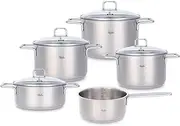 Fissler Hamburg/Stainless Steel Pot Set, 5-Pieces with Glass Lid, 3 Cooking Pots, 1 Casserole, 1 Saucepan (Induction-Compatible, Dishwasher-Safe) - 81110050000