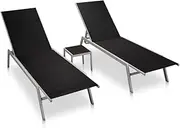 2-Piece Sun Lounger Set with Adjustable Steel Frame and Glass-Top Table, Black Textilene Chaise Lounge Chairs for Patio, Pool, Garden – Outdoor Furniture for Sunbathing & Relaxation, 200 x 58 cm