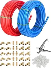 EFIELD 1/2-inch 2 x100 ft Pex-A Tubing/Pipe （All in One） Red & Blue 200 ft， 30 PCS 1/2" Brass Expansion pex Fittings- Elbow Tee Coupler (30 PCS), 1/2' Expansion Rings (100 Pcs), Pipe Cutter (1/2-inch)