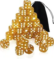 QUTHZZHY 30 Piece Transparent Dice Set, 16 mm Acrylic Dice in Glitter Gold, 6-Sided Colourful Dice Set with Rounded Corners, D6 Standard Dice with Pockets for Game, Party, Poker, Teaching Math