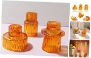 Ribbed Glass Taper Candle Holders, Candlestick Tea Votive Set of 3 Amber Gold