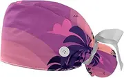 [WOSHJIUK] Working Hat 2 Pack Scrub Caps for Women,Purple Palm Tree Sunset,Tie Back Cap Adjustable Scrub Hat