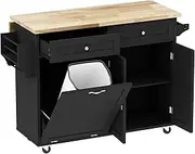 Storage Rack Kitchen Trash Cabinet Tilt Out 10 Gallon Storage, Storage Islands Movable Carts with/Spice Rack Trolley on Wheels(Black)