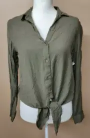 NWT Charlotte Russe Long Sleeve Button Up Crop Top Tie Front Size Small Green