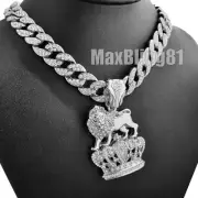 Silver PT LION KING CROWN Pendant 15mm 16" 18" 20" 24" Iced Cuban Chain Necklace