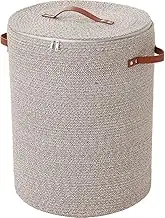Extra Large Cotton Rope Storage Basket with Lid and Zipper, Versatile Laundry Hamper and Cloth Bin for Clothes, Towels, Blankets, Living Room Organization (All Deep Camel White Mix, 16"x20")