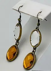 Vintage 1980-90s Brass Finish Pillow Cut Lucite Crystal Pierced Earrings