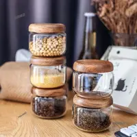 在飛比找蝦皮購物優惠-傢用高硼硅玻璃密封罐相思木圓形透明雜糧蜜餞收納儲物瓶 咖啡豆