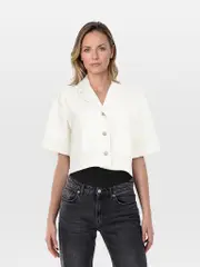 Cream Denim Short Sleeve Cropped Shirt