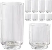 WeirdUncle Set of 8 Ribbed Glass Cups with Crystal Base,4 Highball Glasses 18oz & 4 Rocks Drinking Glasses 9oz, Art Deco, for Water, Iced coffee, Cocktail, Juice, Whiskey, Gift