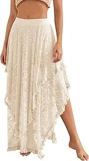 [YKR] Womens Lace Long Skirts Elastic Asymmetrical Layered Hem Sexy See-Through Flowy Skirts Floral Beach Maxi Skirt