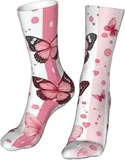 [CSIVKEJ] Crew Socks Comfort Casual Athletic Multi Design Socks For Women Men, Pink Butterfly 10, One Size, Pink Butterfly 10, One size