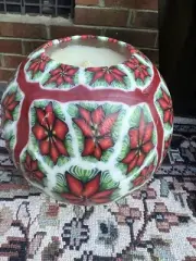 Vintage 6” Round Red and Green Holiday Candle Millefiori Poinsettia Flowers New