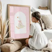 Silly Goose Nursery Print Pink Gingham Wall Art Print Girl Baby Room Decor