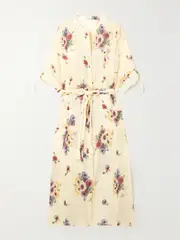 [Miguelina] Miguelina - Guayabera Belted Printed Linen Coverup - Yellow - One size One size Yellow