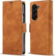 [QLTYPRI] Case for Samsung Galaxy Z Fold 6 5G, Premium PU Leather Cover TPU Bumper with Card Holder Kickstand Hidden Magnetic Adsorption Flip Wallet Case Cover for Samsung Galaxy Z Fold 6 5G - Brown