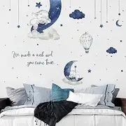 Yovkky Watercolor Blue Grey Sleeping Elephant Wall Decals, We Made a Wish Moon Star Cloud Stickers Hot Air Balloon Nursery Decor, Home Baby Shower Decoration Kids Boy Toddler Bedroom Playroom Art Gift