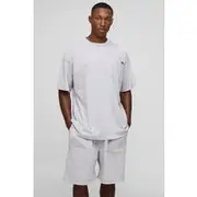 Mens Grey Oversized Washed T-Shirt & Drop Crotch Shorts Set