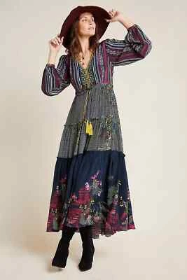 New Anthropologie Bhanuni Jyoti Tatiana Tiered Maxi Dress Size 8 Embroidery $238