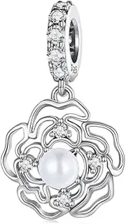 [luvhaha] Flower Dangle Charms Sterling Silver Camellia Charms Pendant with Shellfish Bead fit Pandora Charms Bracelet Necklace for Women, Sterling Silver