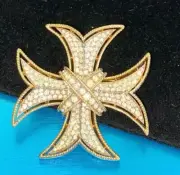 VINTAGE CROWN TRIFARI BRAIDED EDGE RHODIUM PAVE' CRYSTALS MALTESE CROSS BROOCH