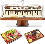 Cake Stand with Lid-Acacia Wood Cake Stand,2-in-1 Shatterproof Serving Platter & Charcuterie Board with Lid, Dessert Table Display for Party,Fruit Tray,Cheese,Veggie,Large Rectangular Cake Dome Cover