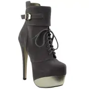 Women's Color Block Metatallic Platform Lace Up Stiletto Ankle Booties Gray