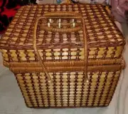 Vintage Large Woven Bamboo Picnic Basket with Lid, Three Handles, Brown for 4