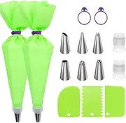 Reusable Piping Bags and Tips Set- 15pcs Bake Cake Decorating Kit with 2 Silicone Icing Pastry Bags,6 Stainless Steel Frosting Tips,2 Icing Piping Bags Ties,2Couplers,3Cake Scraper (Green)