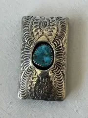Zuni Money Clip Turquoise Stamped Sterling Silver Inlaid C