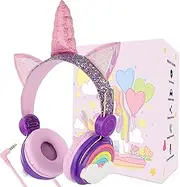 Soosooly Kids Rainbow Headphones with Microphone for School,Unicorns Gifts for Girls Children Birthday,On Over Ear Wired Headset with 3.5mm Jack/HD Sound/Kindle/Tablet/PC Online Study (H-Purple)